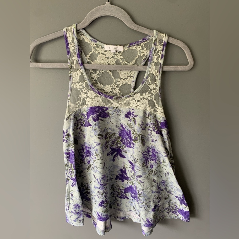 Delia’s purple floral lace racer back tank top